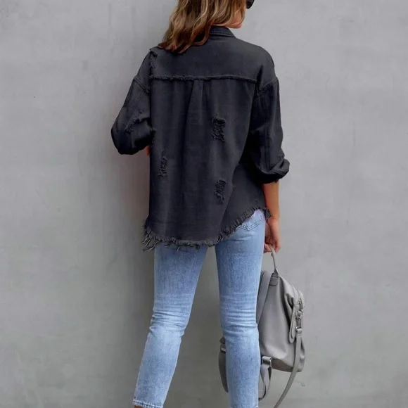 Distressed Black Denim Jacket Sz 14 - Picture 2 of 11